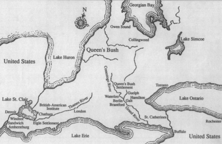 Map of the southwestern Canada West in the 1840s, showing the location of the Queen’s Bush Settlement and other major Black communities. Courtesy of Linda Brown-Kubish.  