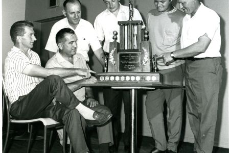 Men Standing around a John Bialas Memorial Golf Trophy July 28, 1969 (front).jpg